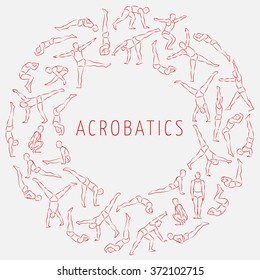 Schematic linear men figures in different poses doing gymnastic and acrobatic exercises arranged in a circle isolated on white background vector illustration