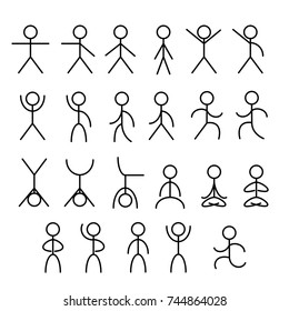 Schematic little people, dancing little man set, gymnastic exercises, black and white, isolated