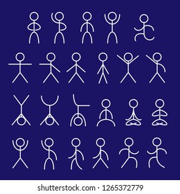 Schematic little people set, dancing little man set, gymnastic exercises scheme, schematic man icon, vector