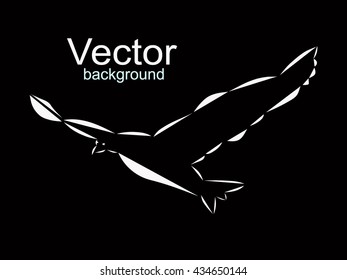 Schematic logo icon of flying sea gull on the black background. 