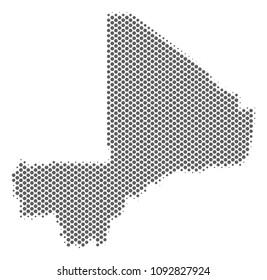 Schematic Mali map. Vector halftone territorial abstraction. Gray pixel cartographic concept. Abstract Mali map is formed from regular sphere point array.