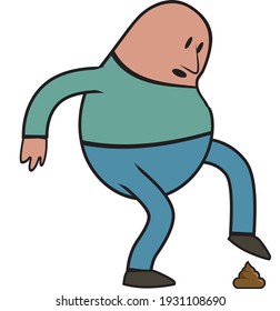 Una caricatura de hombre esquemático está a punto de pisar un poop. ilustración vectorial