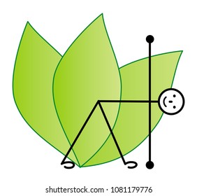 The schematic man is a yogi in the asana triangle, trikanasana. On a background of green leaves. Vector drawing.