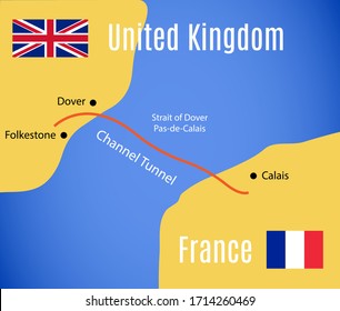 Schematic Map Of The Eurotunnel (Channel Tunnel). Vector.