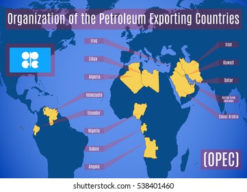 Schematic map of the Organization of the Petroleum Exporting Countries (OPEC). Vector illustration.