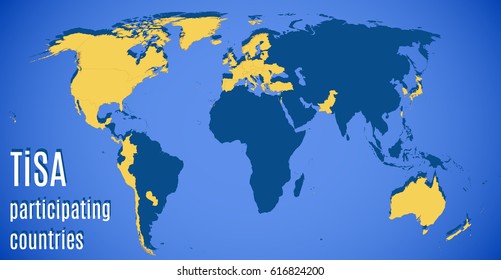 Schematic map of TiSA (Trade in Services Agreement). Estimated participating countries. Vector.