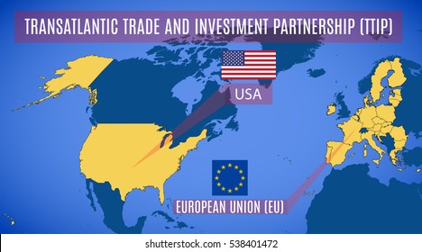 Schematic map of the Transatlantic Trade and Investment Partnership (TTIP). The flags of the US and EU. Vector.