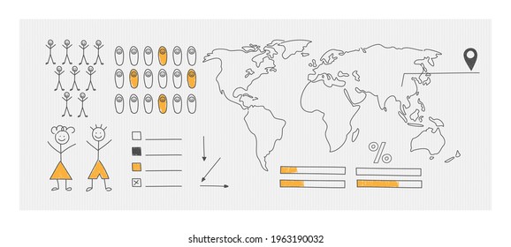 A schematic map of the world for statistics visualization. Hand drawn elements of infographics.