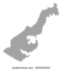 Schematic Monaco map. Vector halftone geographic abstraction. Silver dot cartographic composition. Abstract Monaco map is made of regular round point grid.