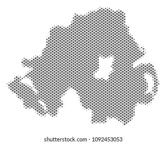 Schematic Northern Ireland map. Vector halftone territorial plan. Silver dot cartographic concept. Abstract Northern Ireland map is created from regular round element matrix.