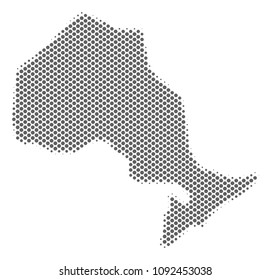 Schematic Ontario Province map. Vector halftone geographical plan. Gray pixel cartographic composition. Abstract Ontario Province map is made of regular sphere dot grid.