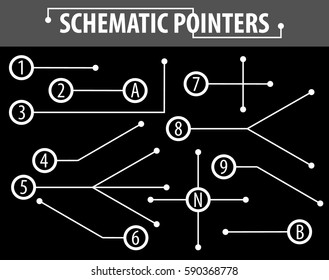 Schematic pointers. Extension lines to indicate the details of the drawings and diagrams. The elements of graphic design. Vector Image.