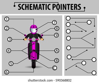 Schematic pointers. Extension lines to indicate the details of the drawings and diagrams. The elements of graphic design. Vector Image.
