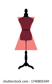 Schematic red women's dress on a mannequin. Vector art image of an illustration isolated on a white background.