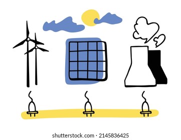 Schematic representation of alternative energy sources. Windmills, solar panel and nuclear power plant in doodle style. Natural Energy Sources