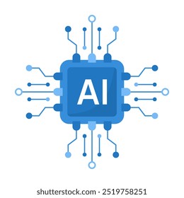 Schematic representation of artificial intelligence in the form of a processor circuit, isolated on a white background. Flat vector illustration