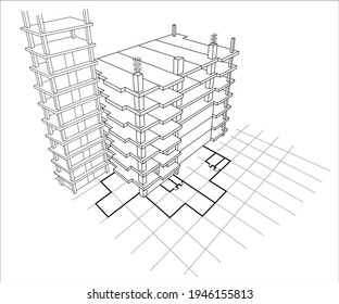 schematic representation of buildings under construction using black, simple lines on a white background