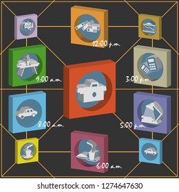 Schematic representation of the daily routine of an office worker. Vector illustration