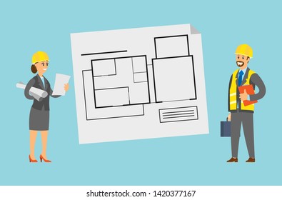 Schematic representation of home vector, engineer,  wearing helmet caring for accuracy of drawn planning, people with papers and tools, man and woman