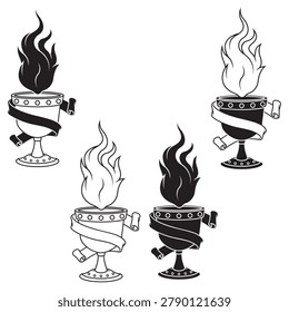 Schematic representation of a medieval cup with fire and ribbon, focused on the silhouette and edges. Ideal for heraldry projects, historical symbology, and conceptual graphic elements