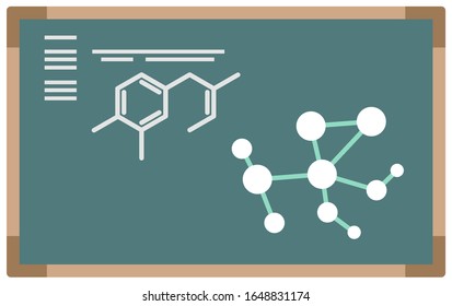 Schematic representation of molecule. Molecular formula with chemical elements and constituents drawn on blackboard. Chalkboard with scheme. Studies and education in uni. Vector in flat style