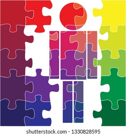 schematic representation of a person. made of puzzles. all colors of the rainbow. vector illustration. EPS 8.