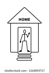 Schematic representation of a person waving in greeting in a house. Character on the threshold of his house. Illustration in outline style.