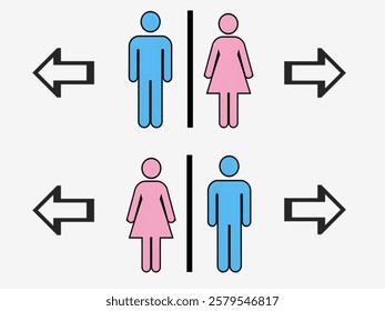 Schematic representation of toilet, with blue representing male and pink representing female. Directional arrows pointing left and right, indicating the respective directions for male female toilets.