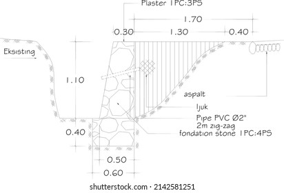 schematic for retaining wall beside the road to prevent soil   road from sliding  sketch drawn in black   white   detail size