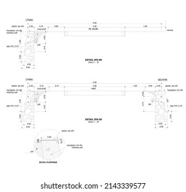 schematic of retaining wall beside the road, sketched with sections and details