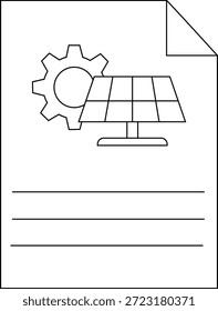 A schematic shows a solar panel next to a gear on a document with lines for writing