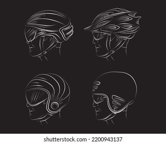 Schematic, sketchy set of black bicycle helmets. Face of cyclist stylized vector