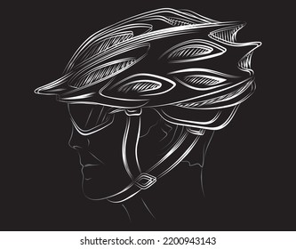 Schematic, sketchy set of black bicycle helmets. Face of cyclist stylized vector
