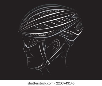 Schematic, sketchy set of black bicycle helmets. Face of cyclist stylized vector