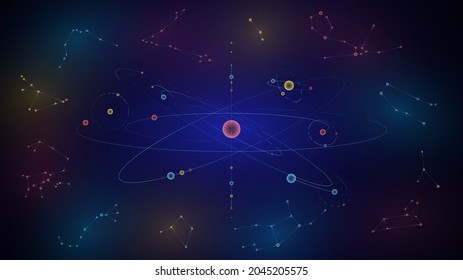 Sistema solar esquemático con planetas multicolores y constelaciones zodiacales