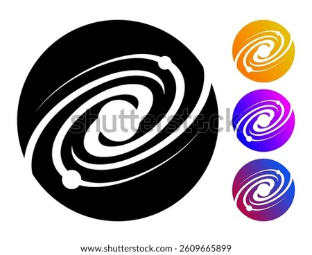 Schematic spiral cosmic galaxy emblem. Exploration of space and star clusters. Black hole in center of Milky Way galaxy. Simple black and white vector isolated on white background