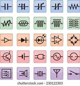 schematic symbol icon, capacitors, resistors, coils, semiconductors, etc. vector