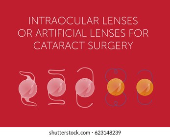 Schematic types of artificial lens of eye on red background