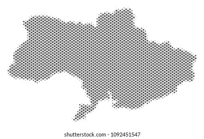 Schematic Ukraine map. Vector halftone territory abstraction. Grey pixel cartographic concept. Abstract Ukraine map is created with regular sphere dot grid.
