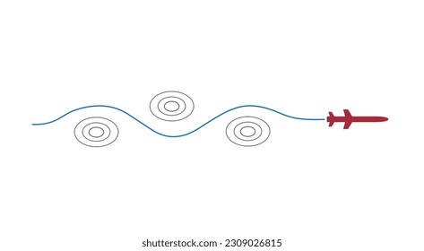 Ilustración esquemática vectorial de un vuelo de maniobra de un misil de crucero entre montañas