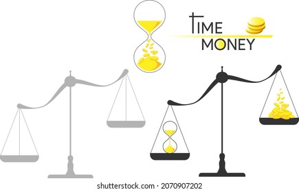 imagen esquemática vectorial de una escala con un reloj de arena y monedas en un fondo blanco
