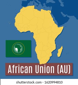 Schematic vector map and flag of the African Union (AU).