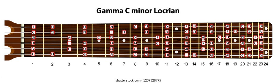 Schematic view of the guitar neck with a gamma C minor Locrian