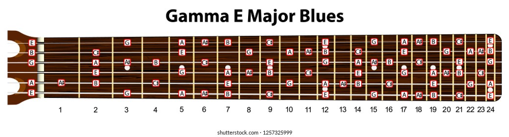 Schematic view of a guitar neck with a scale in E major blues.