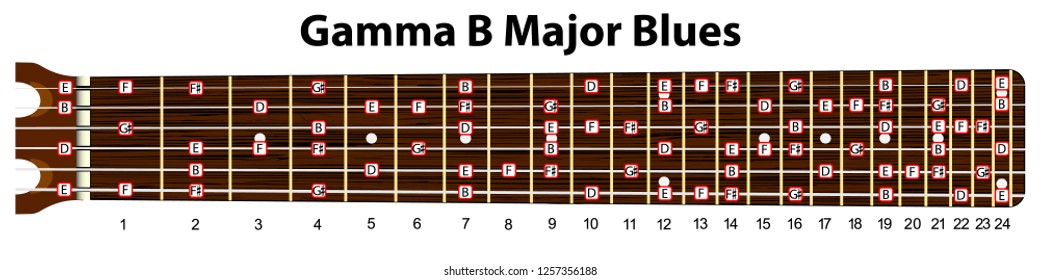 Schematic view of a guitar neck with a scale in B major blues.