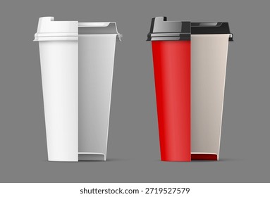 Schematische Ansicht der Papierkaffeetasse mit Kunststoffkappe. Verpackung für Getränke zum Mitnehmen. Vektorgrafik