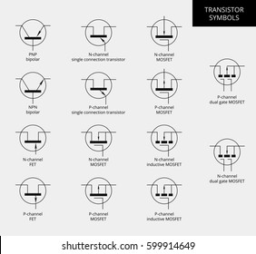 Schematic view of transistors for circuits. Vector symbols transistors. Electronic digital element. Set electronic equipment. Bipolar junction and field effect transistors. Basic datasheet.