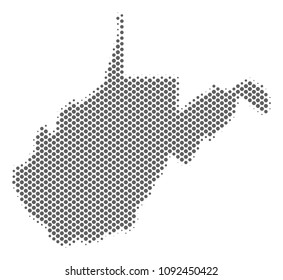 Schematic West Virginia State map. Vector halftone geographical abstraction. Grey dot cartographic composition. Abstract West Virginia State map is created of regular sphere cell matrix.