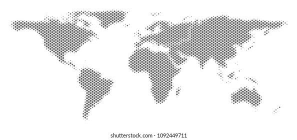 Schematic world map. Vector halftone geographical abstraction. Gray pixelated cartographic concept. Abstract world map is formed from regular circle point mosaic.