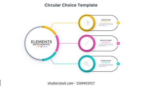 Scheme with 3 colorful round elements connected to main circle. Concept of three business options to choose. Minimal infographic design template. Flat vector illustration for presentation, banner.